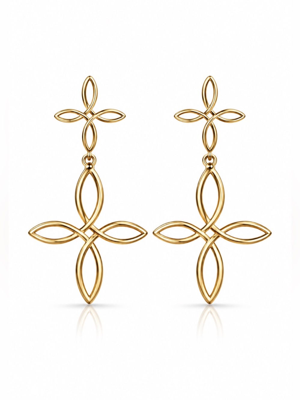Gold Tone Openwork Floral Cross Dangle Statement Earrings